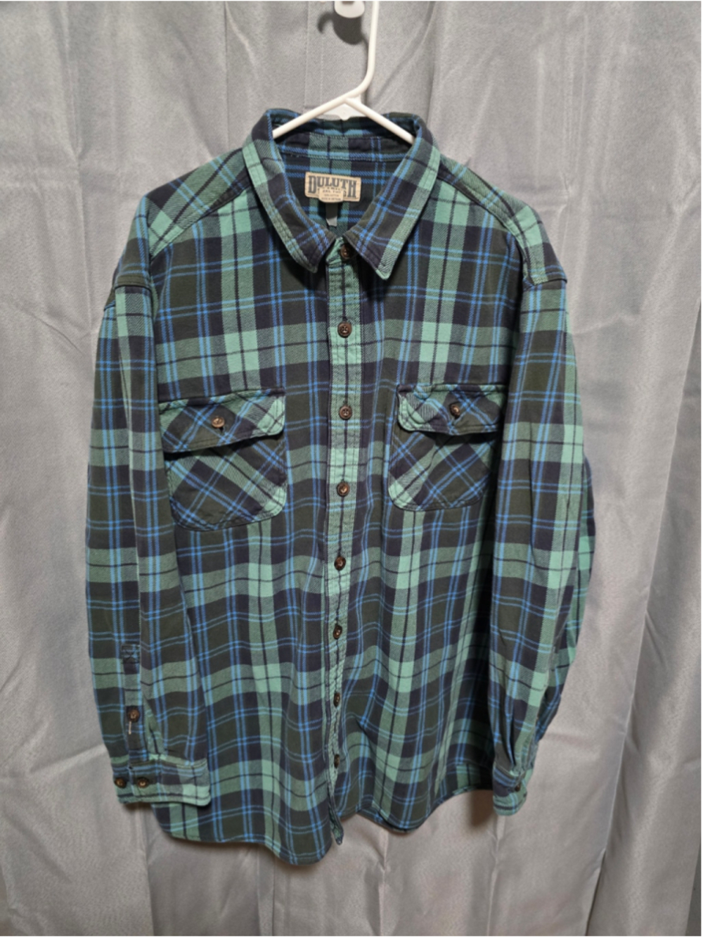 Men's Duluth Trading Co. Flannel Shirt 2XLT Green Blue Plaid Button Down
